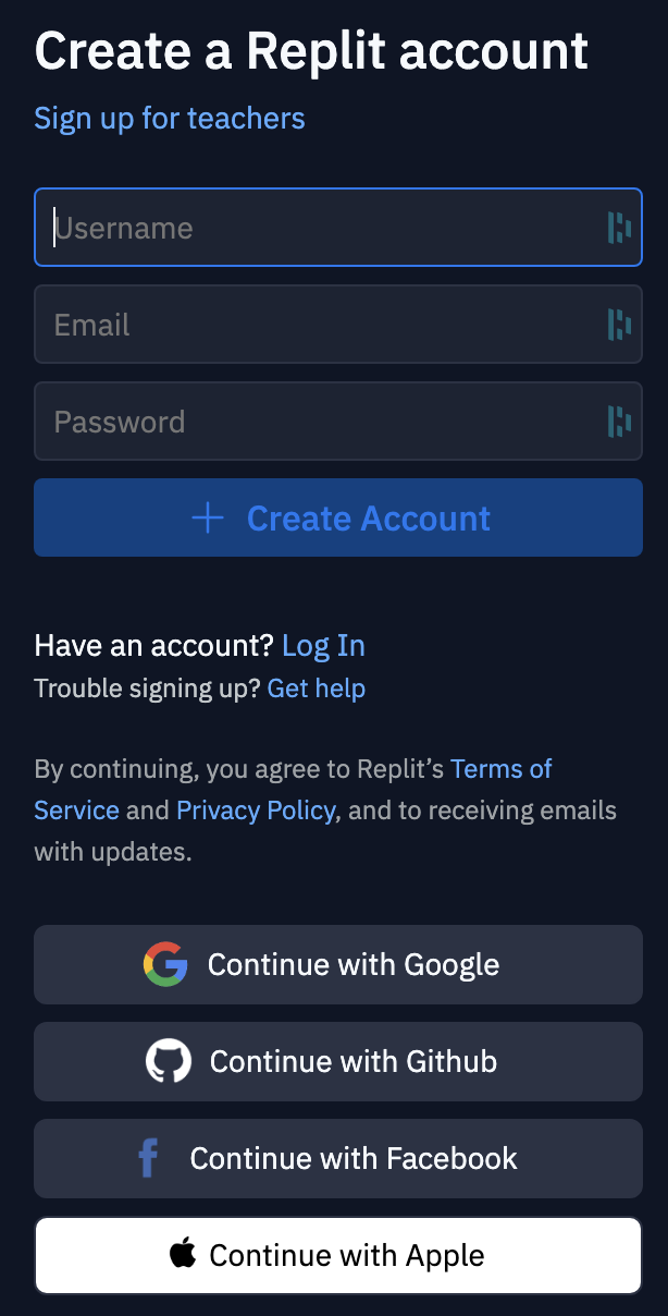 Picture of the sign up form on replit's website